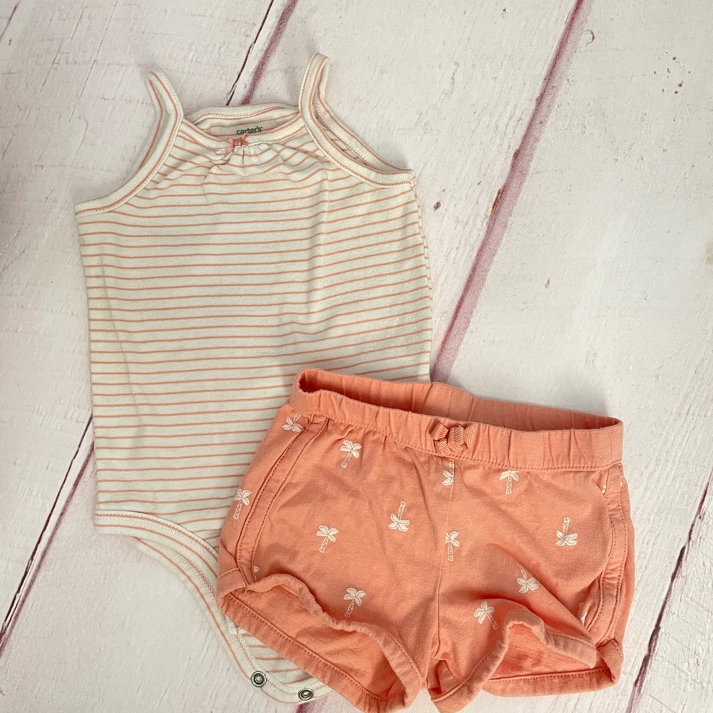 Carters Striped Onesie and Palm Tree Shorts Set